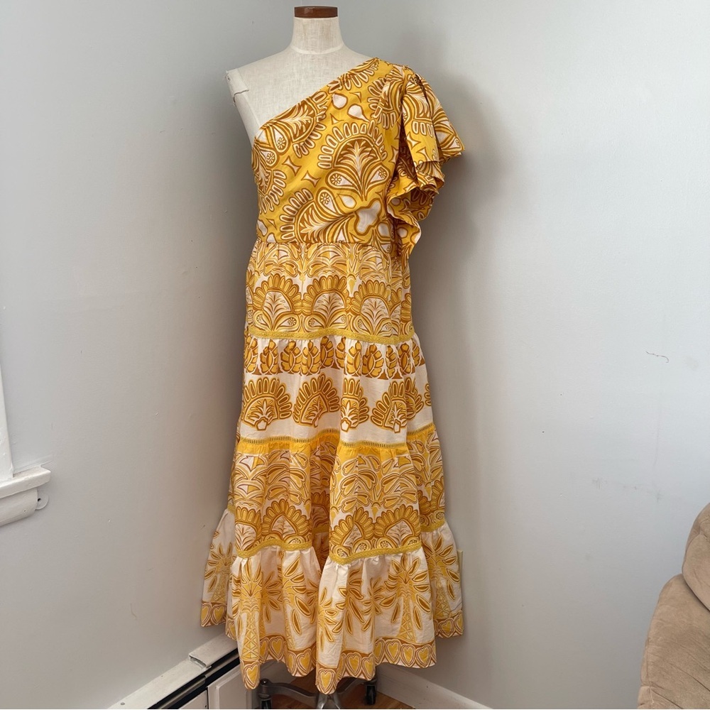 Farm Rio Yellow Ainika Tapestry One Shoulder Maxi Dress size XL NWOT